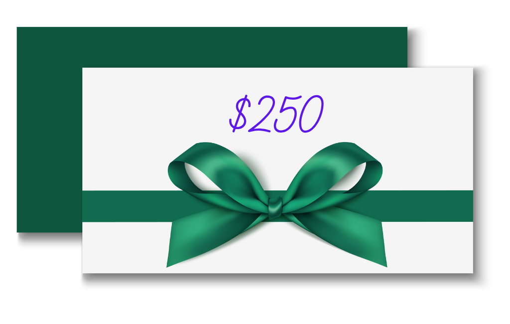 A 250$ card with green ribbon wrapped around it